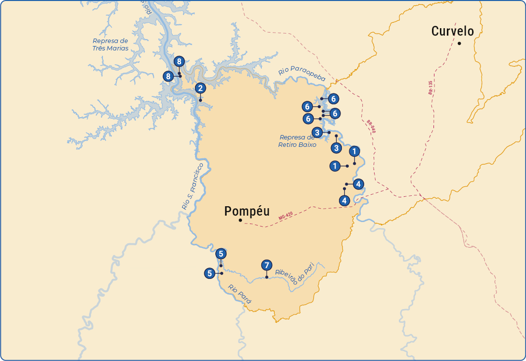 Mapa de Pompéu com as Comissões sinalizadas por números.