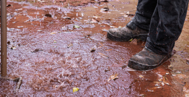 imagem das pernas de uma pessoa sobre um pedaço de terra com água